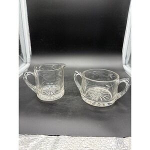 Vintage Depression Glass Cream & Sugar Set Etched Clear Glass